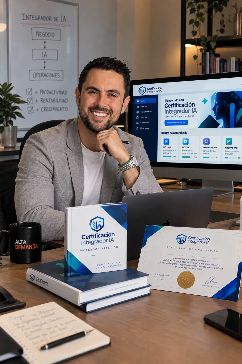 Cris Urzúa en su escritorio con el workbook, el certificado y la plataforma de la Certificación Integrador IA